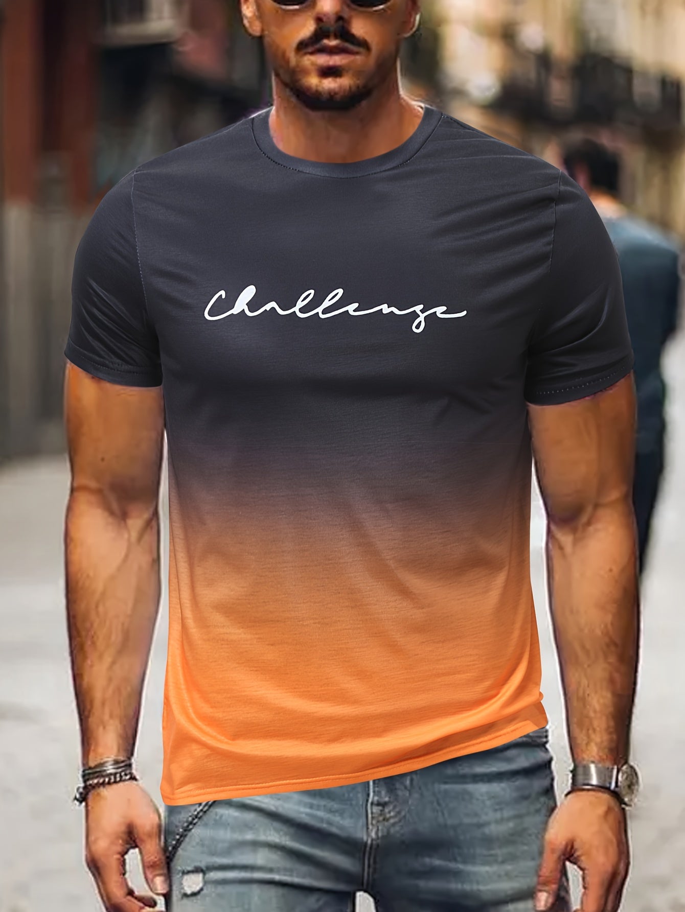 "Challenge" Pattern Print Men's Comfy Gradient T-shirt, Graphic Tee Men's Summer Outdoor Clothes, Men's Clothing, Tops For Men