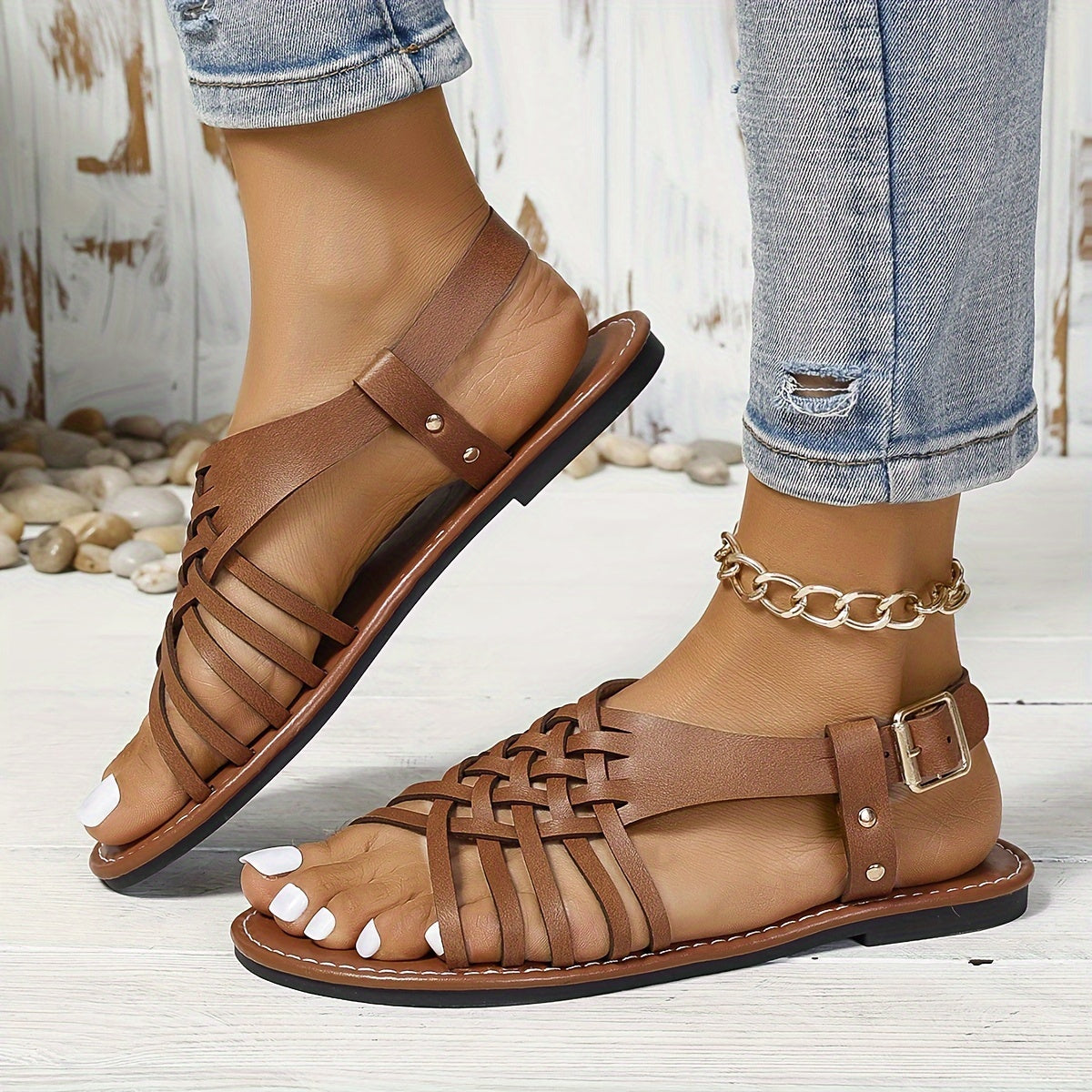 Women's Solid Color Trendy Sandals, Ankle Buckle Strap Soft Sole Lightweight Shoes, Summer Casual Beach Shoes