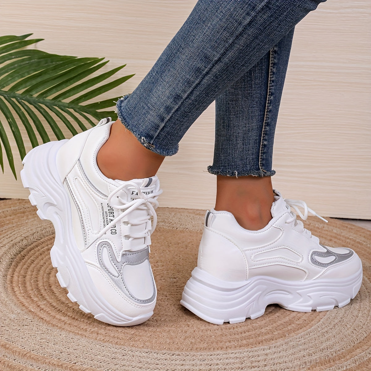 Women's Chunky Sneakers, Trendy Hight Increasing Lace Up Walking Trainers, All-Match Low Top Shoes