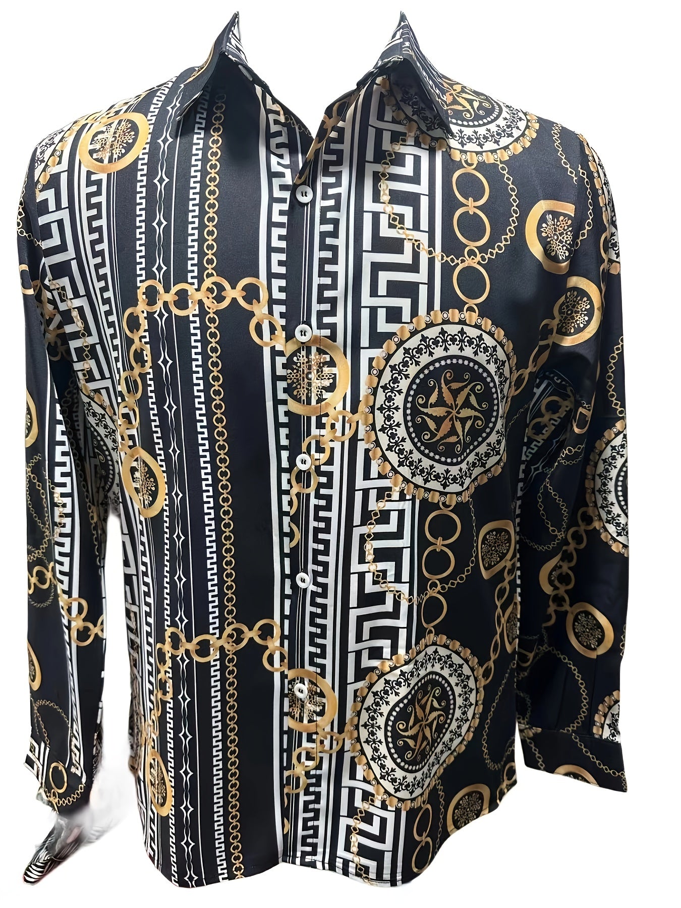 Graphic Print Elegant Shirt, Men's Casual Button Up Long Sleeve Shirt For Summer Fall Business Beach Resort