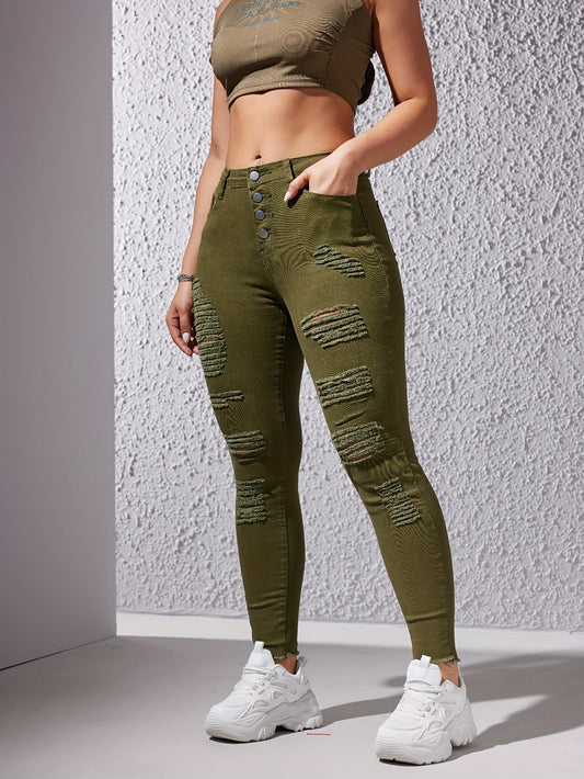 Plain Ripped Holes Tapered Jeans, Single Breasted Button Distressed Denim Pants, Women's Denim Jeans & Clothing