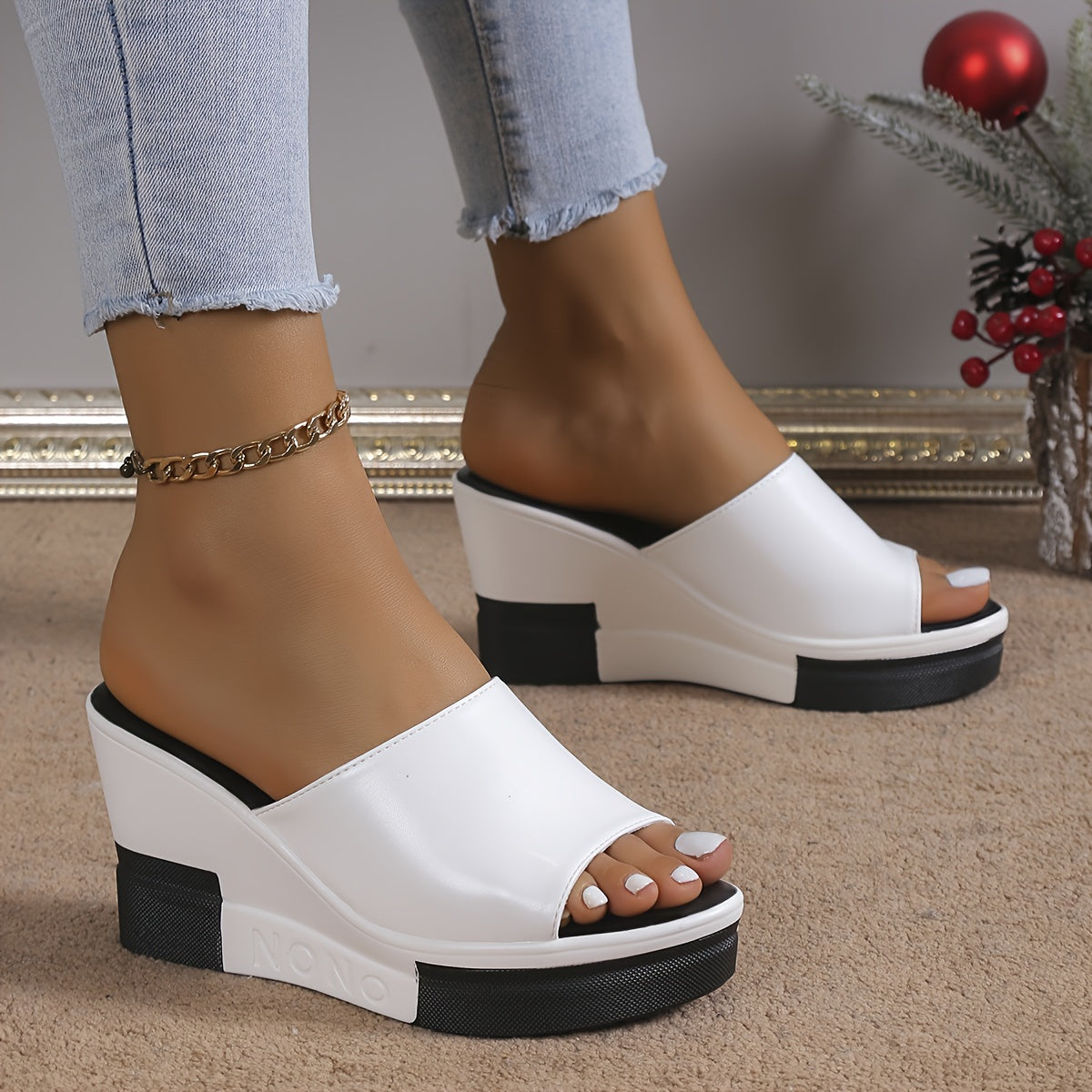 Women's Peep Toe Wedge Slide Sandals, Casual Tow Tone Slip On Summer Shoes, Comfy Outdoor Sandals