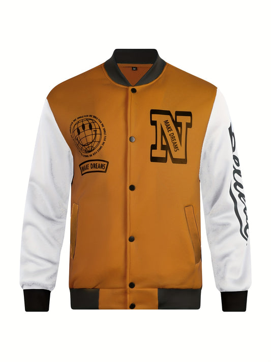 Globe Print Varsity Jacket, Men's Casual Color Block Button Up Jacket For Spring Fall School Baseball