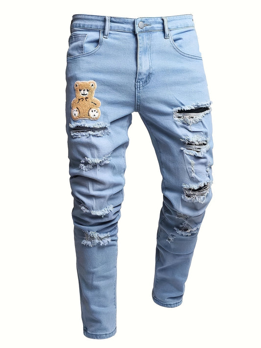 Slim Fit Toy Bear Pattern Ripped Jeans, Men's Casual Mid Stretch Chic Denim Pants For Spring Summer