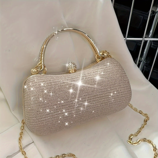 Mini Rhinestone Decor Chain Glitter Box Bag, Stylish Clip Satchel Dinner Bag For Women And For Music Festival