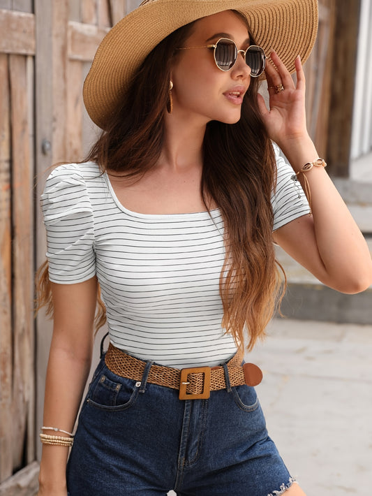 Stripe Print Square Neck T-Shirt, Casual Puff Sleeve Slim Top For Spring & Summer, Women's Clothing