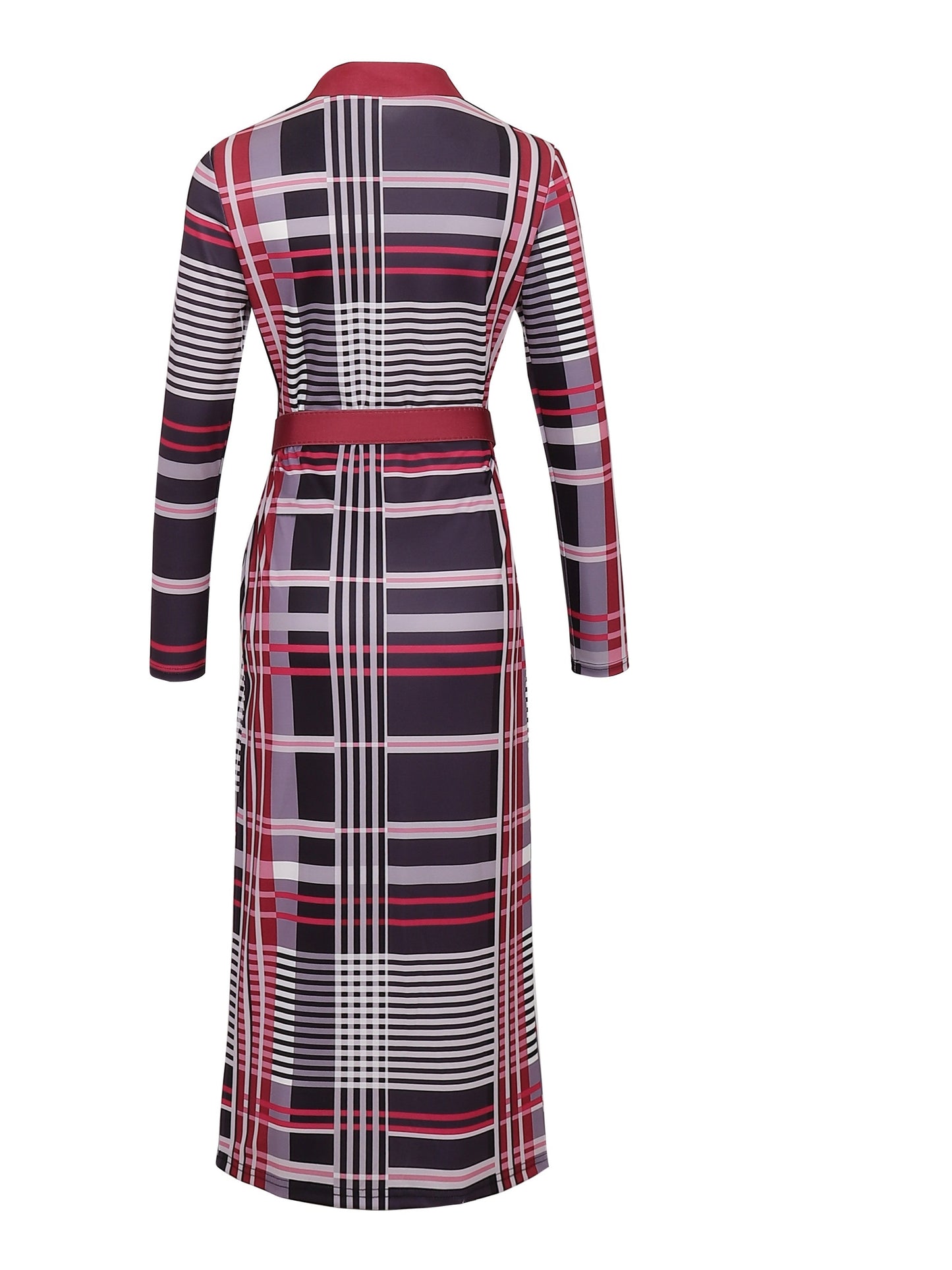 Plaid Bodycon V Neck Dress, Elegant Long Sleeve Dress Without Belt, Women's Clothing