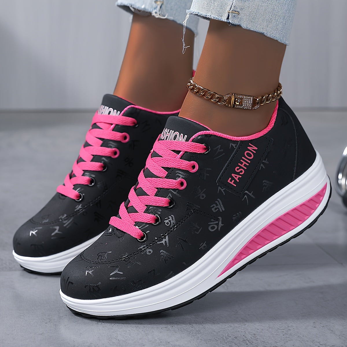 Sneakers Da Donna Con Zeppa Alla Moda Con Motivo A Lettera, Scarpe Da Passeggio Leggere Antiscivolo, Comode Sneakers Casual Con Fondo Spesso