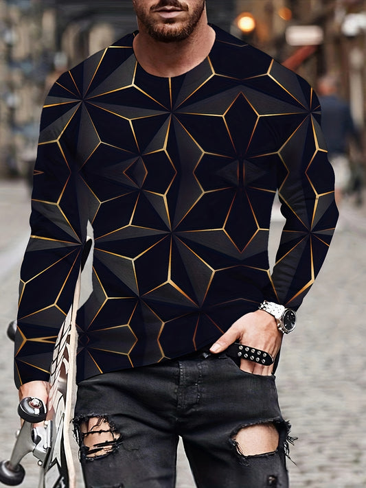 Dazzling 3D Geometric Print Men's Long Sleeve Fit Slim T-shirt, Spring Fall