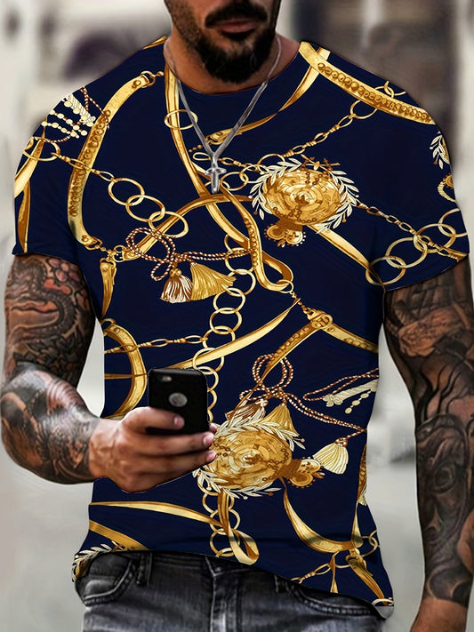 Baroque Style Golden Chain Pattern Print Men's T-shirt, Graphic Tee Men's Summer Clothes, Men's Outfits