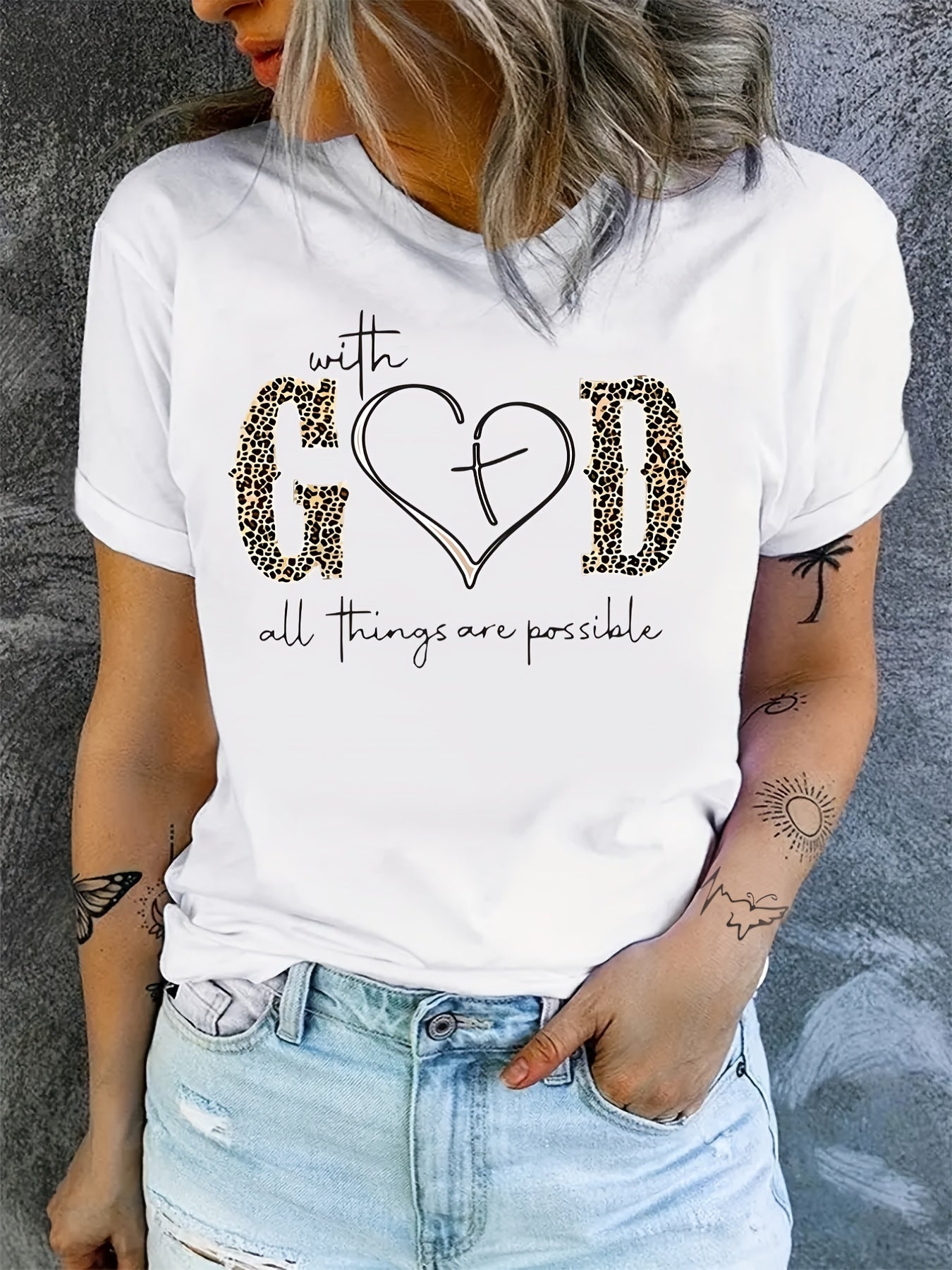 With God Print T-Shirt, Summer Short Sleeve Crew Neck Casual Top, Women's Clothing