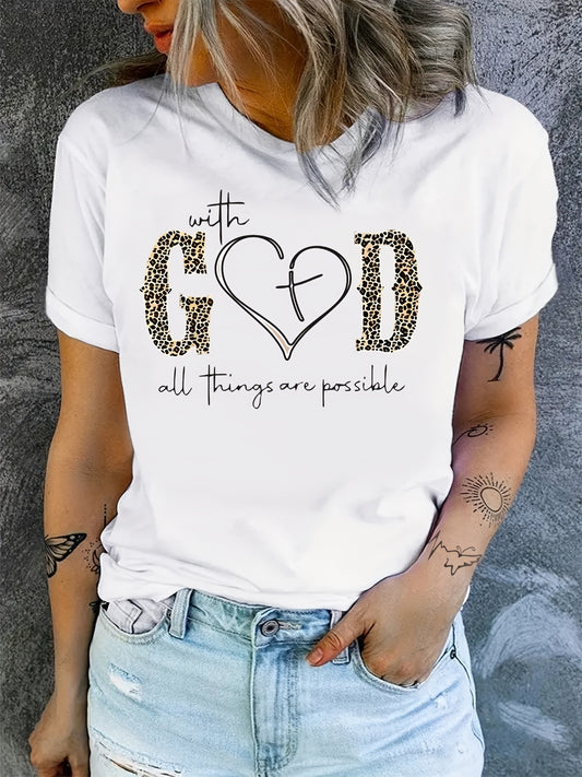 With God Print T-Shirt, Summer Short Sleeve Crew Neck Casual Top, Women's Clothing