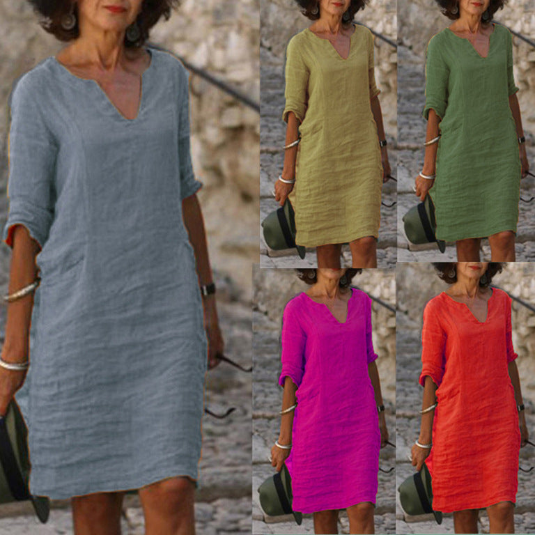 Mid Waist Autumn Cotton Linen Small V-neck Stitching Retro Solid Color Three-quarter Sleeve Plus Size Dress