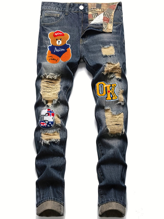 Men's Casual Embroidery Jeans, Chic Street Style Distressed Denim Pants