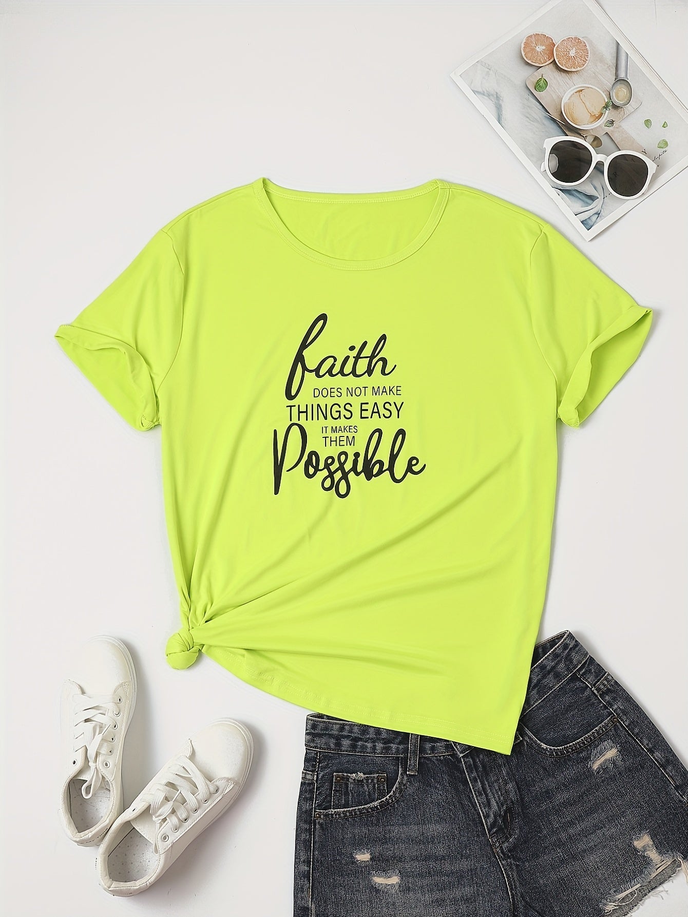 Plus Size Casual T-shirt, Women's Plus Letter Print Round Neck Short Sleeve Fashion Quote Graphic Tee