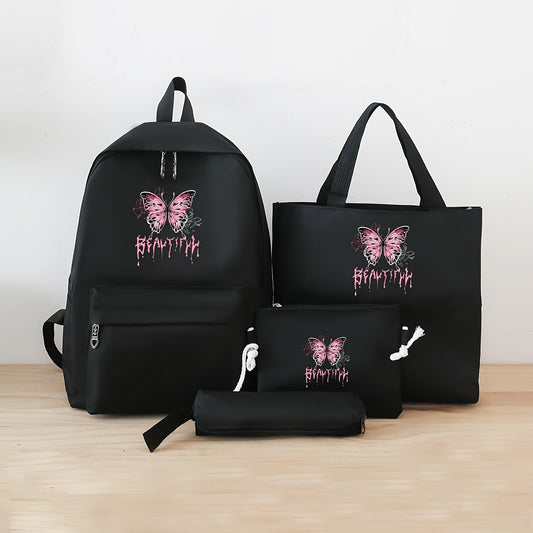 4pcs/set Fashion Butterfly Print Backpack, Preppy College School Daypack, Travel Commute Knapsack, Shoulder Bag & Pencil Case