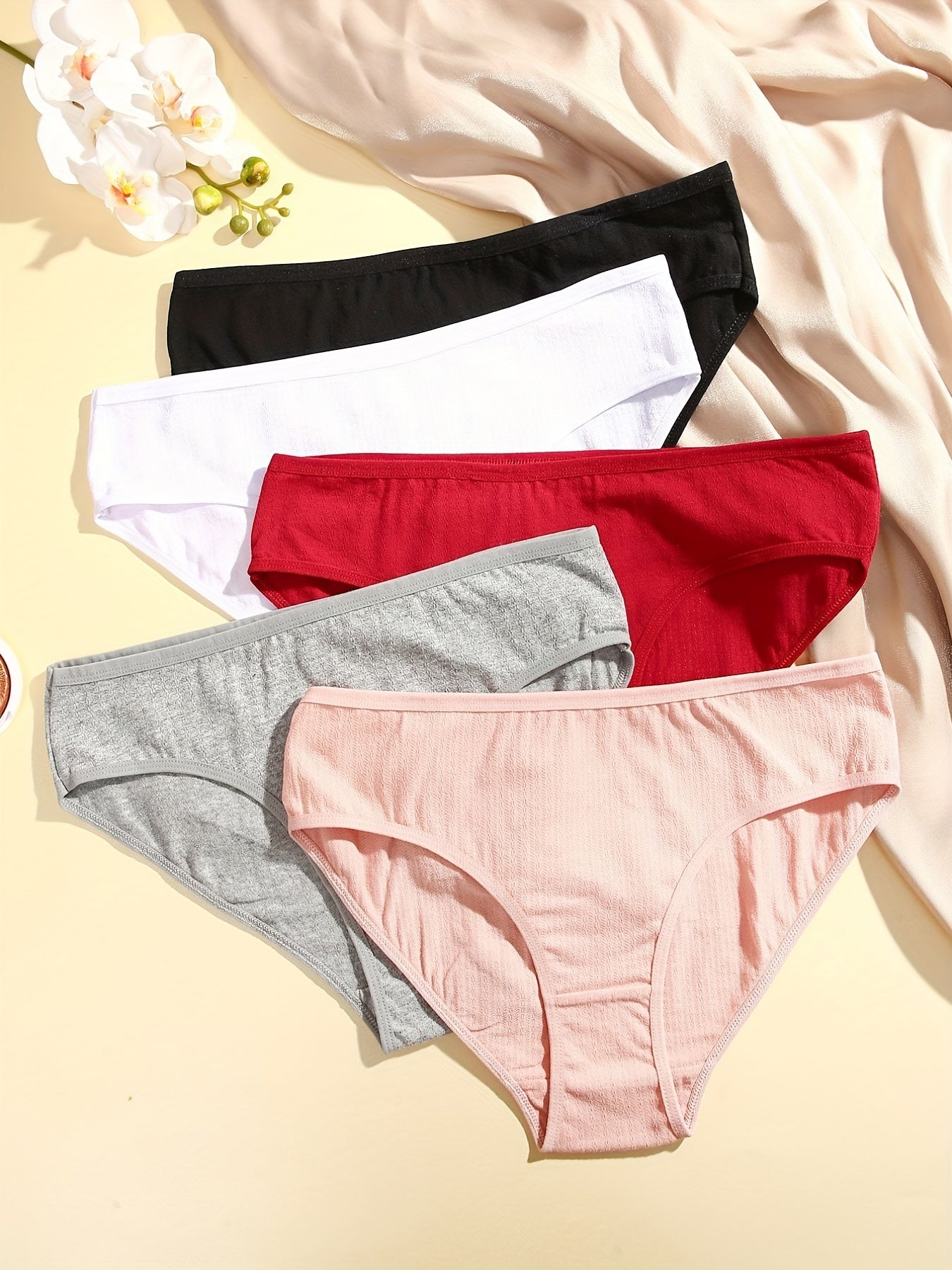 5Pcs Simple Solid Briefs, Comfy & Breathable Stretchy Intimates Panties, Women's Lingerie & Underwear