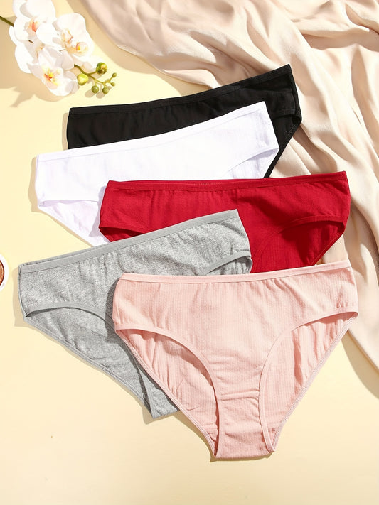 5Pcs Simple Solid Briefs, Comfy & Breathable Stretchy Intimates Panties, Women's Lingerie & Underwear