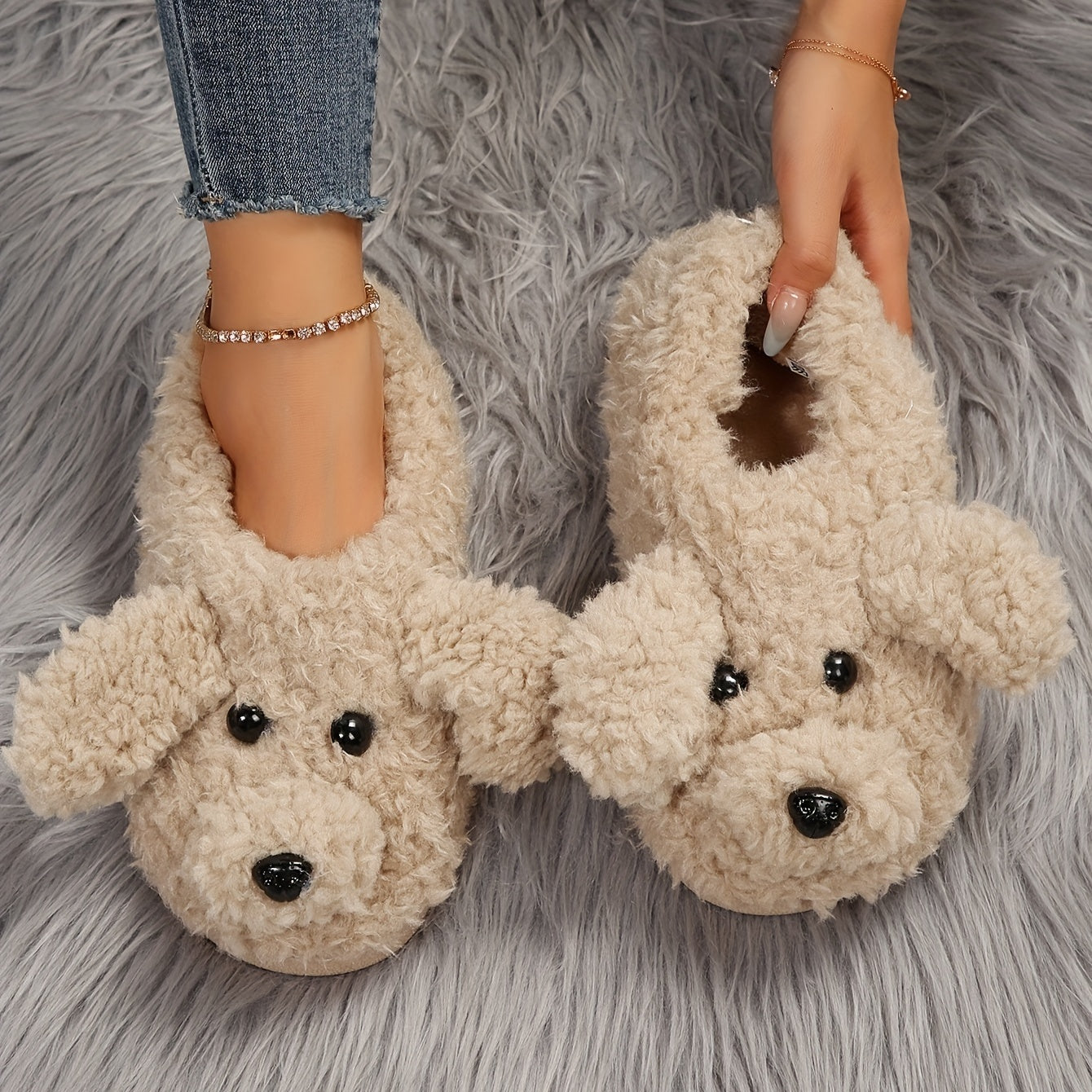 Cute Cartoon Puppy Novelty Slippers, Winter Slip On Warm Home Shoes, Cozy Closed Toe Novelty Slippers