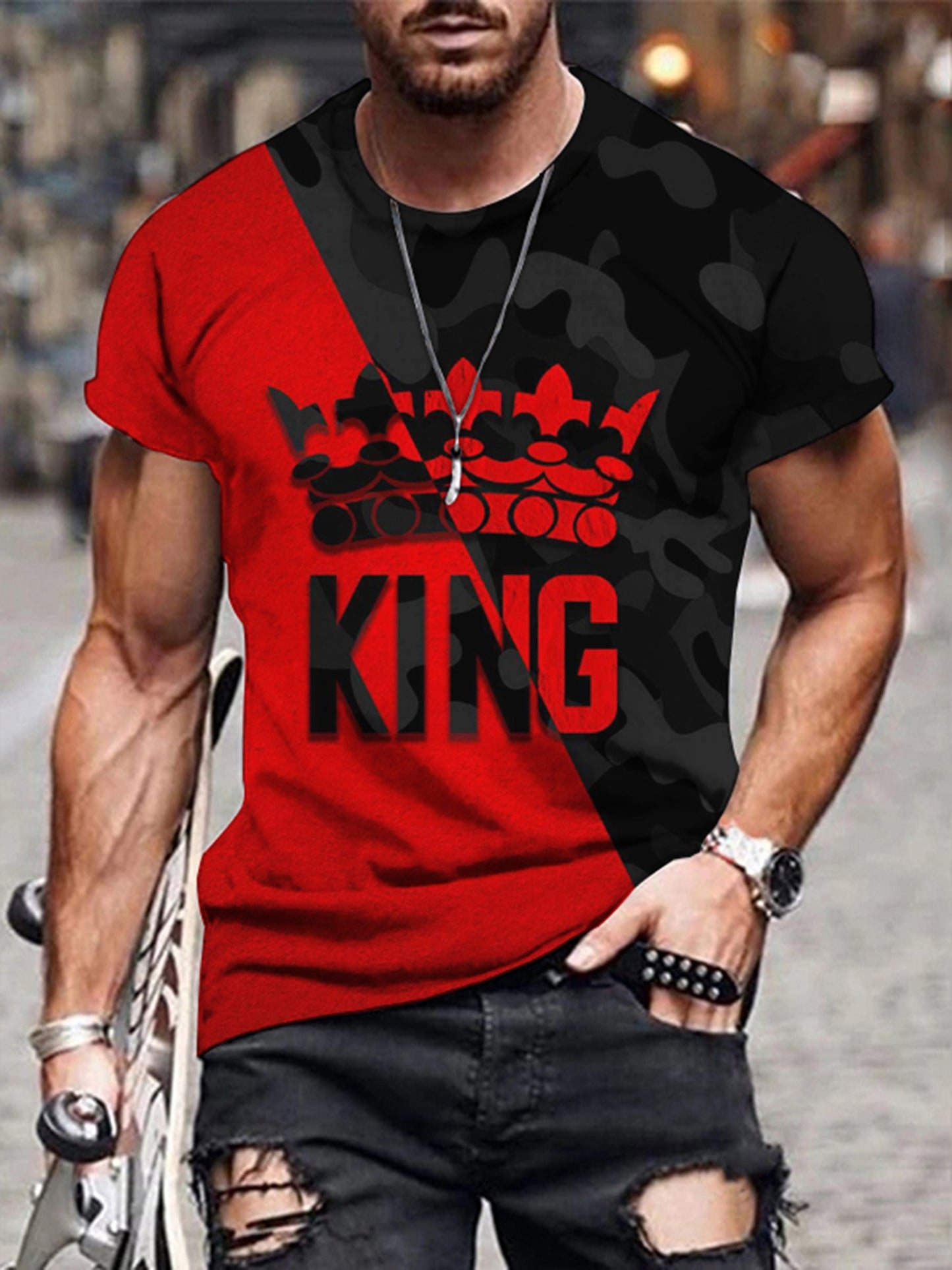 KING Crown Print, Men's Graphic T-shirt, Casual Comfy Tees For Summer, Mens Clothing