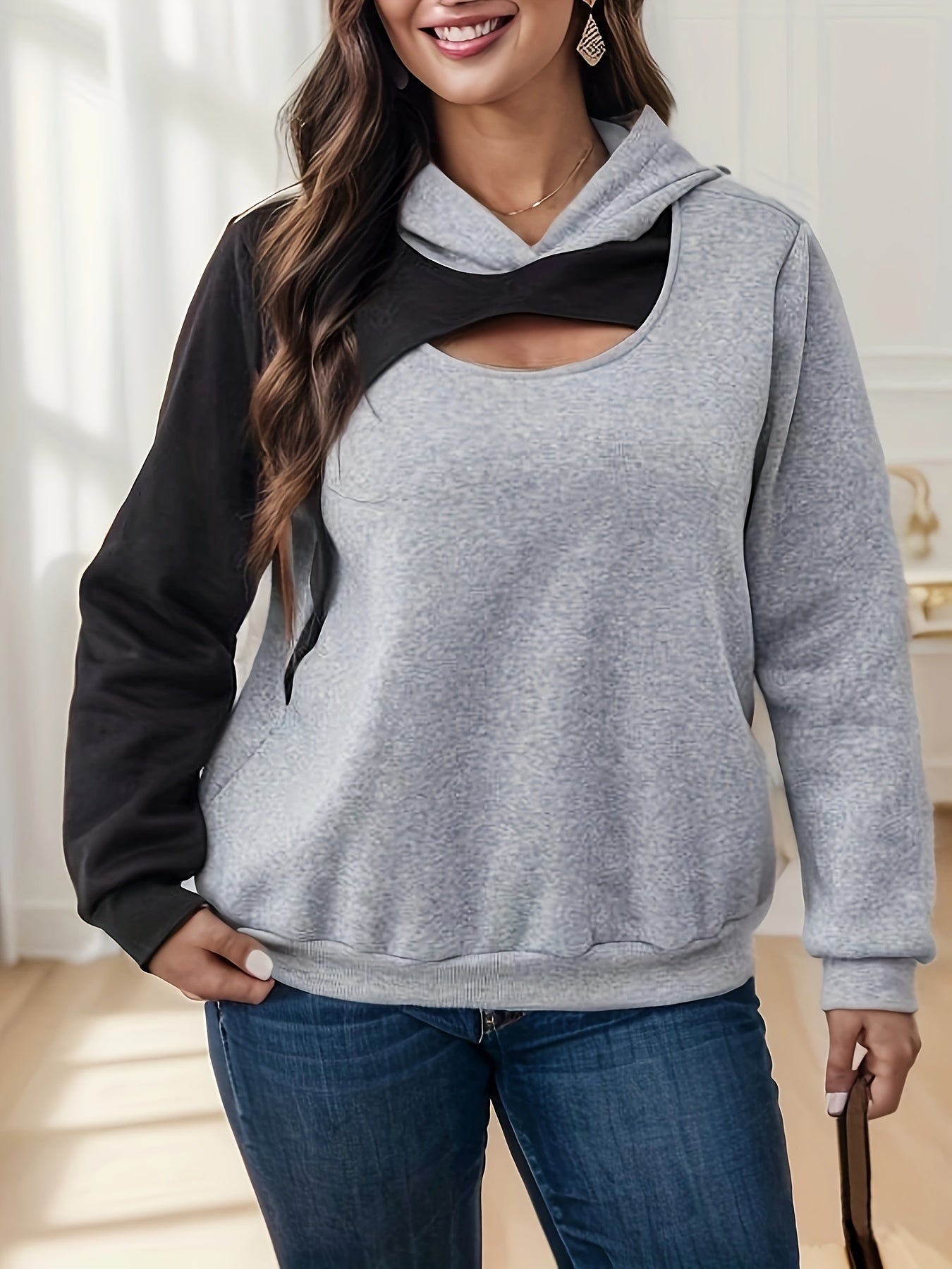 Plus Size basic Felpa, Felpa con cappuccio a maniche lunghe a blocchi di colore per donne Plus