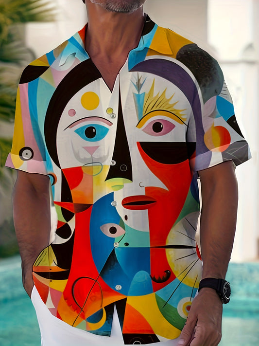 Abstract Portrait Print Men's Casual Short Sleeve Shirt, Men's Shirt For Summer Vacation Resort, Tops For Men, Gift For Men