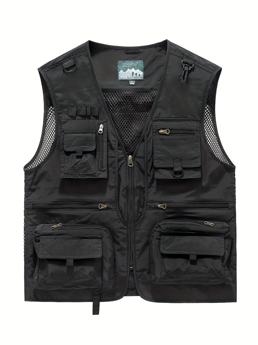 Zipper Pockets Cargo Vest, Men's Casual Outwear Zip Up Vest For Outdoor Fishing Photography