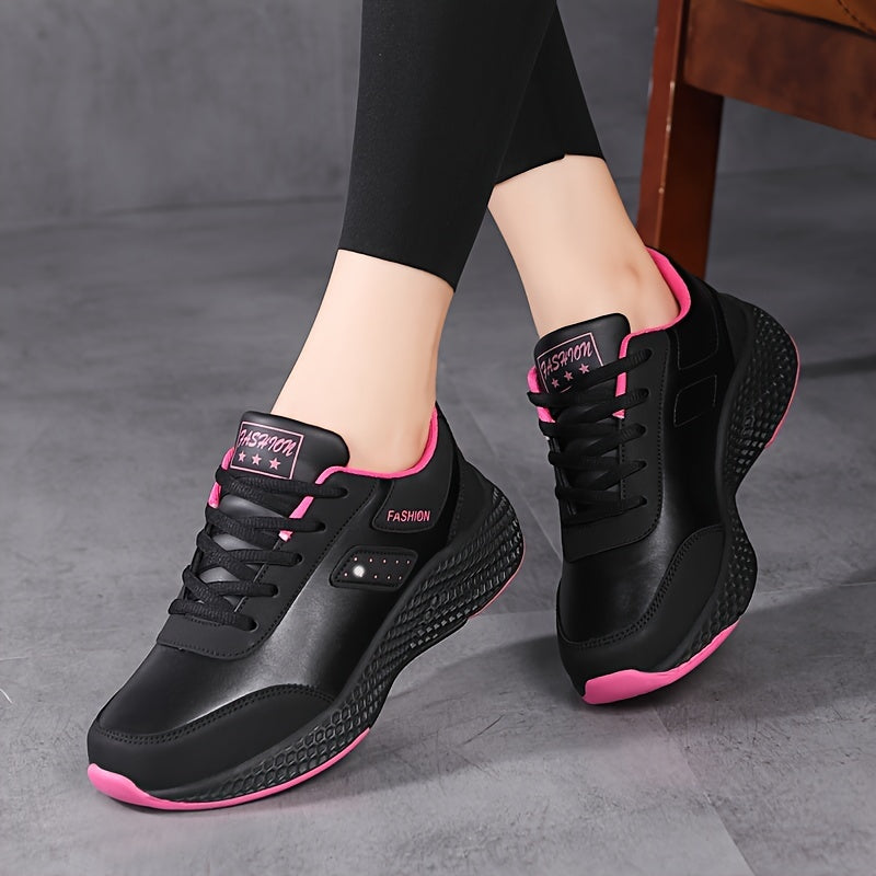 Women's Fashion Waterproof Faux Leather Running Shoes, Casual Non-slip Sneakers