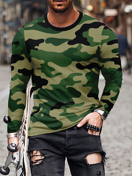 Camouflage Print, Men's Long Sleeve Novelty T-shirt, Stylish Tees For Autumn, Mens Clothing