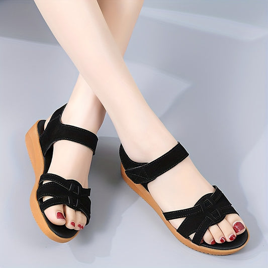 Women's Hook & Loop Fastener Anti-slip Summ Flat Sandals, Open Toe Hollow Out Comfort Sports Sandals