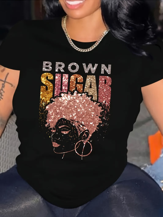 Brown Sugar Letter Print T-Shirt, Manica Corta Girocollo Top Casual per Primavera e Estate, Abbigliamento da Donna