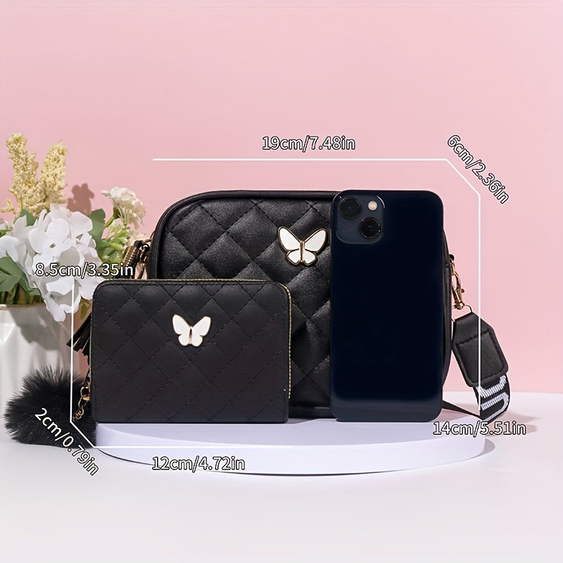 Trendy Black Butterfly Decor Shoulder Square Bag & Mini Card Purse, Classic Argyle Pattern Handbag & Credit Card Holder With Pom Pom Decor