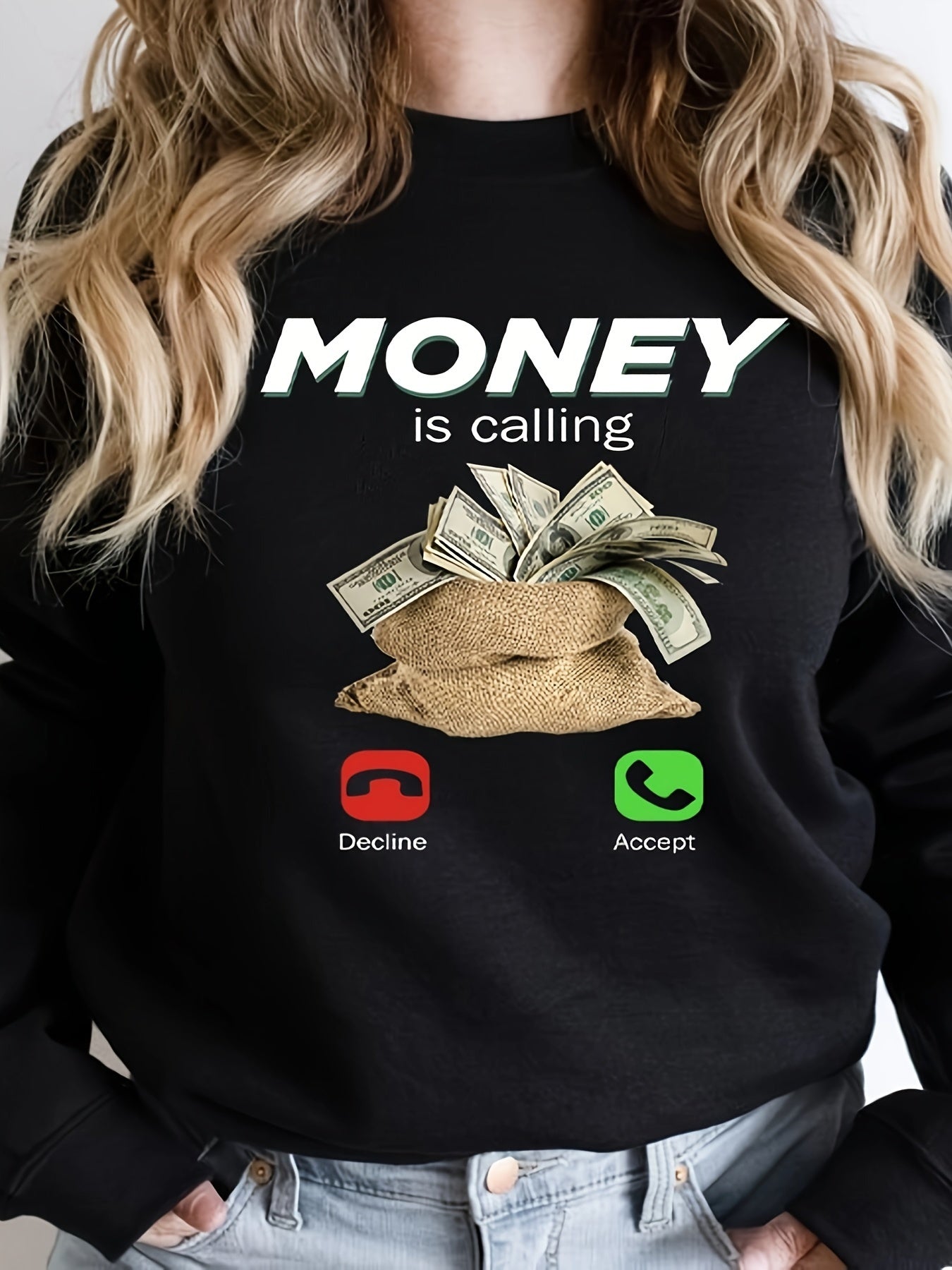 Dollar Calling Print Pullover Sweatshirt, Casual Long Sleeve Crew Neck Sweatshirt For Fall & Winter, Women's Clothing