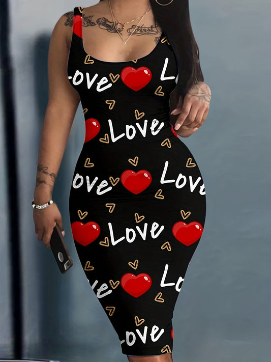 Heart & Letter Print Tank Dress, Casual Sleeveless U Neck Slim Dress, Women's Clothing