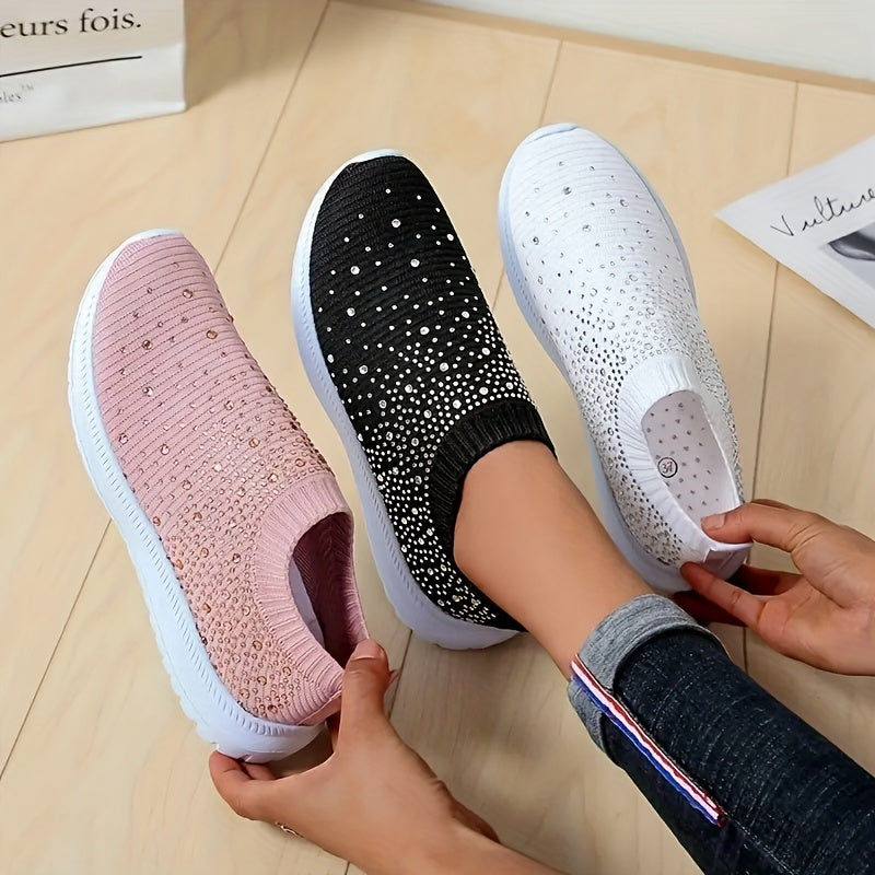 Women's Rhinestone Sock Shoes, Comfortable Low Top Slip On Sports Shoes, Casual Walking Sneakers