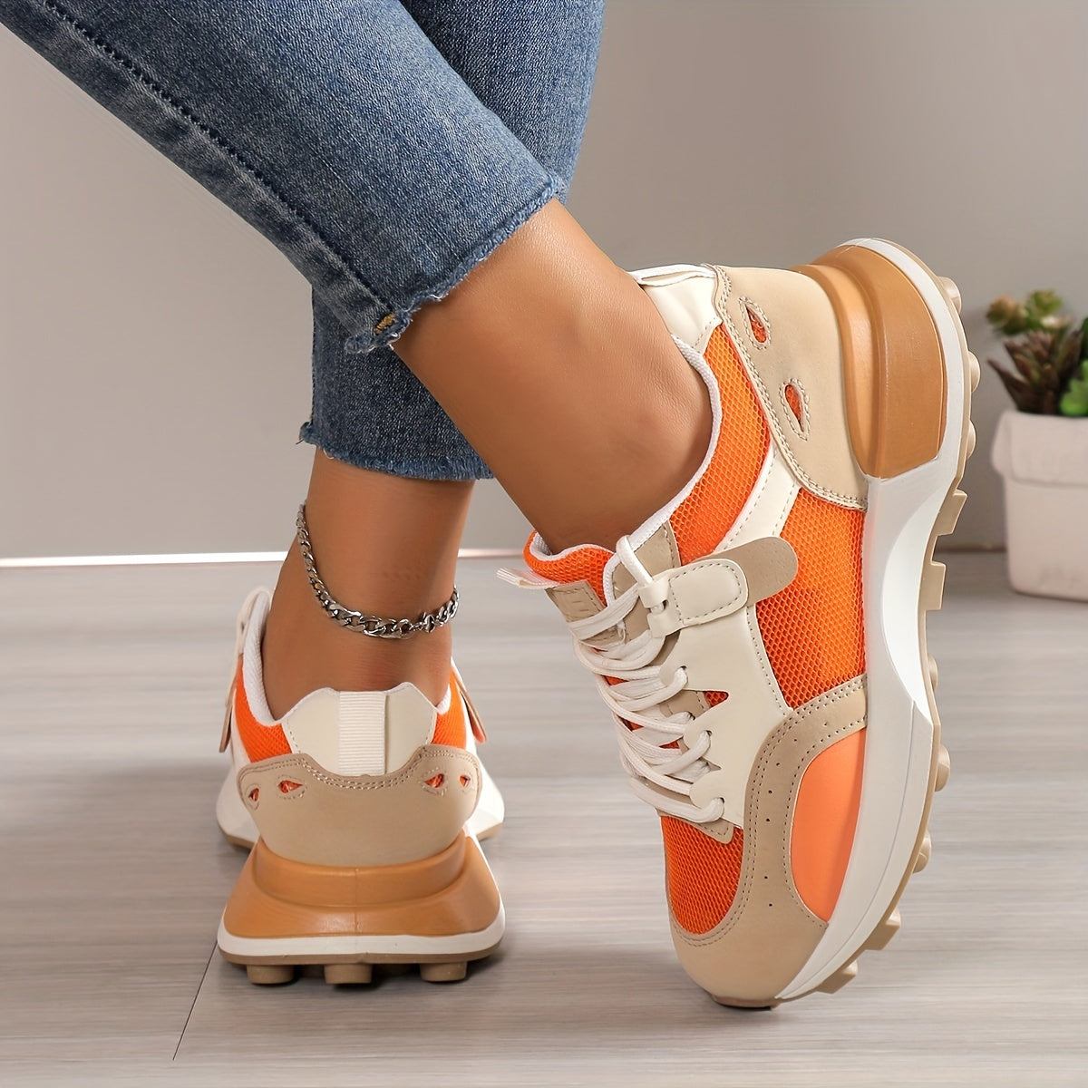 Women's Colorblock Casual Sneakers, Lace Up Low-top Round Toe Non-slip Soft Breathable Trainers, Comfy Versatile Shoes