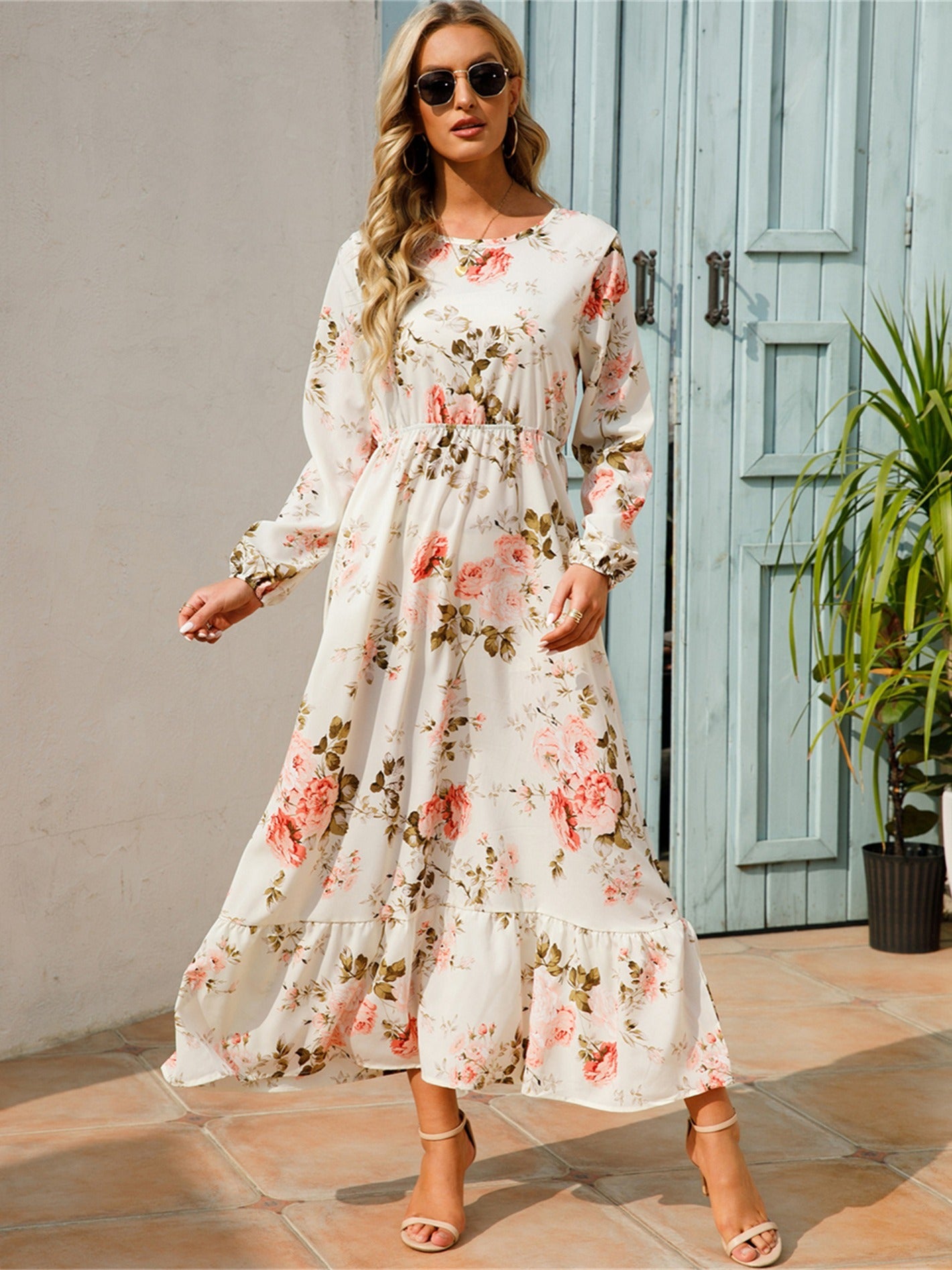 Floral Long Sleeve Maxi Dress, Long Sleeve Loose Crew Neck Dress, Casual Dresses For Spring & Summer, Women's Clothing