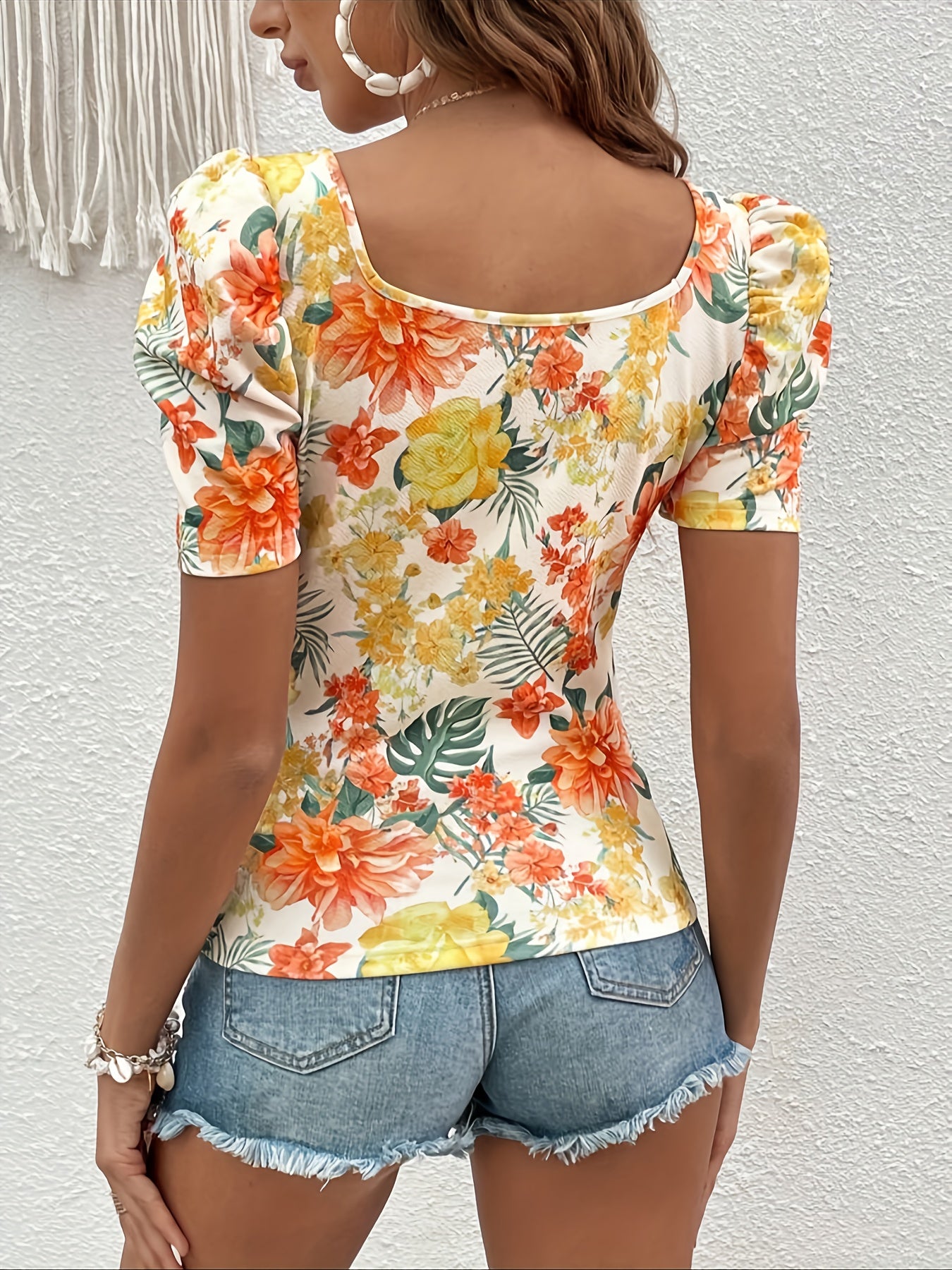 Floral Print Square Neck T-Shirt, Casual Short Sleeve T-Shirt For Spring & Summer, Women's Clothing