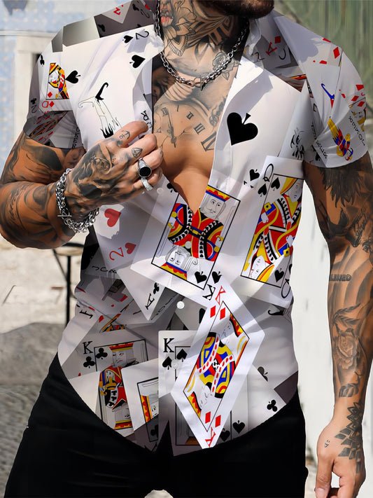 Men's Poker 3D Print Fashion Short Sleeve V-neck Button Down Shirts, Men's Summer Clothes, Casual Graphic Tops, Men's Novelty Pajamas Tops