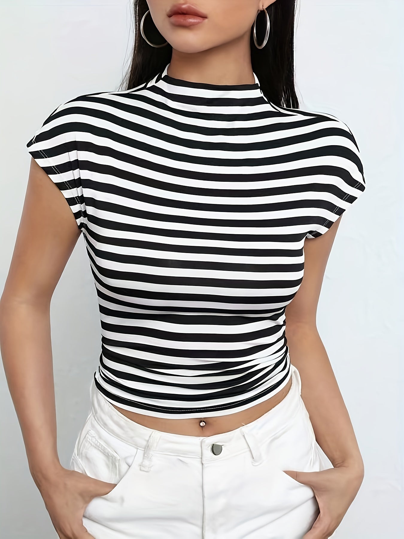 Striped Mock Neck T-Shirt, Casual Short Sleeve T-Shirt For Spring & Summer, Women's Clothing