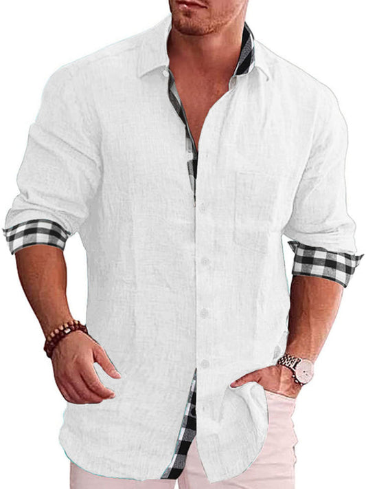 Men's Plaid Trim Long Sleeve Button Up Shirt