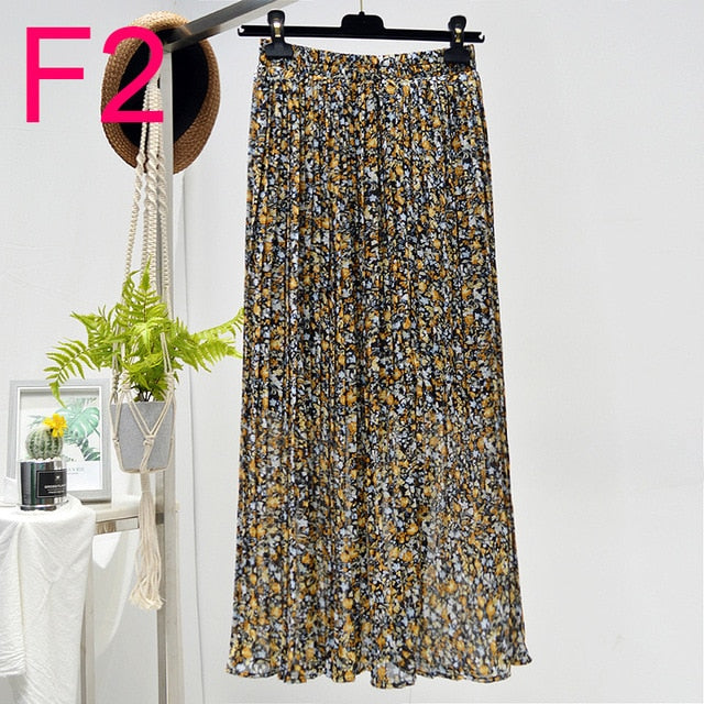 Summer Skirts Womens 2021 New Vintage Floral Print Chiffon Pleated Skirt Elastic High Waist Casual Midi Skirt Women Clothes Jupe