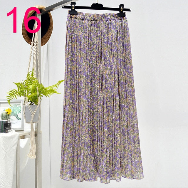 Summer Skirts Womens 2021 New Vintage Floral Print Chiffon Pleated Skirt Elastic High Waist Casual Midi Skirt Women Clothes Jupe