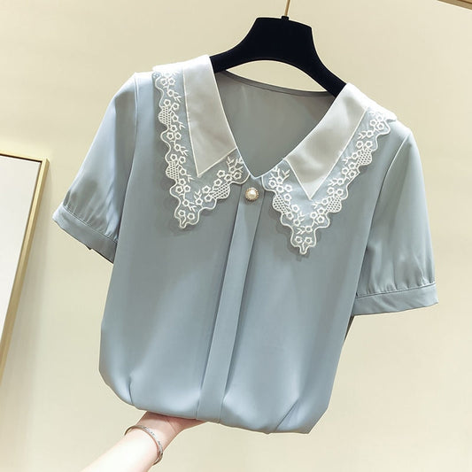 Aiertu Women Spring Summer Style Chiffon Blouses Shirts Lady Casual Short Sleeve Peter Pan Collar Chiffon Blusas Tops ZZ0792