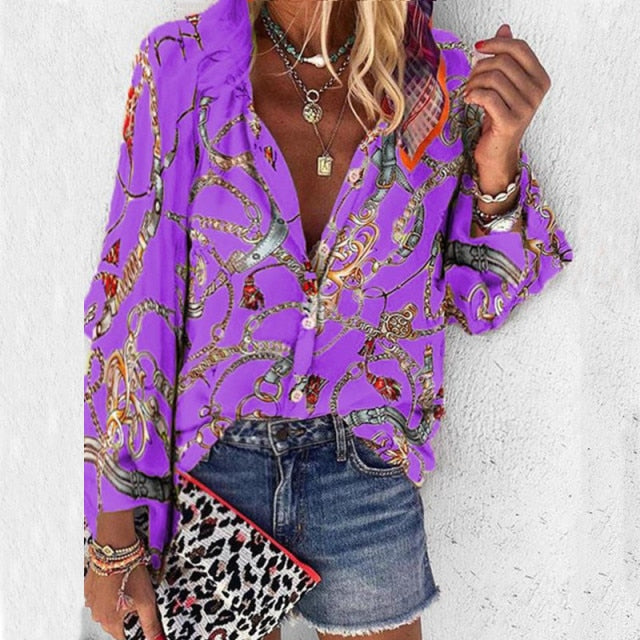 Tanifa 2021 New Fashion Daisy Floral Print Shirts Women V Neck Long Sleeve Button Tops Casual Loose Plus Size Blouse