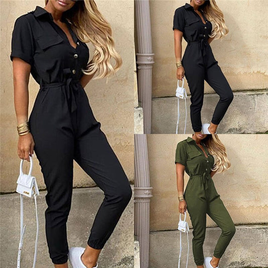 Elegant Solid Jumpsuit Women Summer 2021 Deep V Neck Button Shirt Overalls Short Sleeve Office Lady One Piece Romper Belt