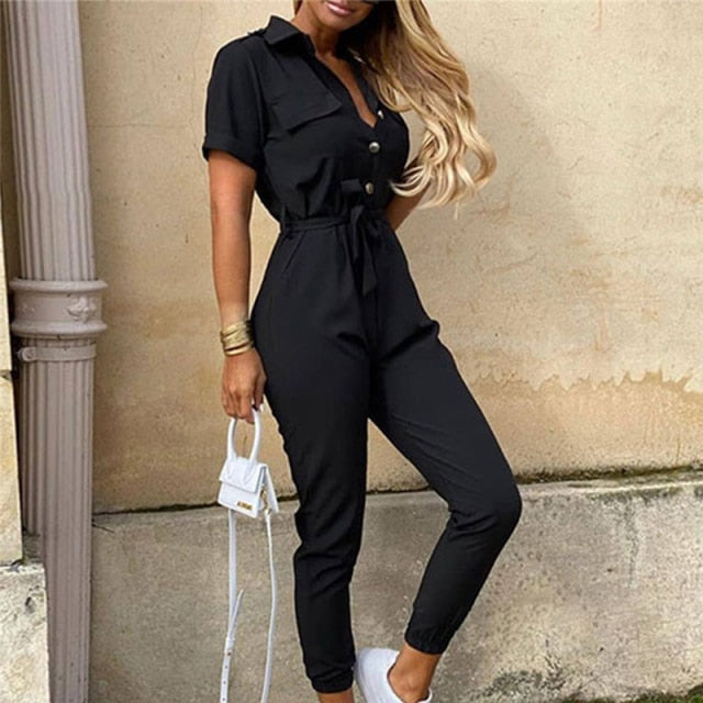 Elegant Solid Jumpsuit Women Summer 2021 Deep V Neck Button Shirt Overalls Short Sleeve Office Lady One Piece Romper Belt