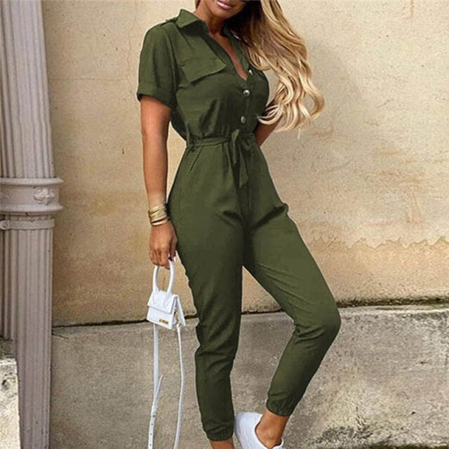 Elegant Solid Jumpsuit Women Summer 2021 Deep V Neck Button Shirt Overalls Short Sleeve Office Lady One Piece Romper Belt