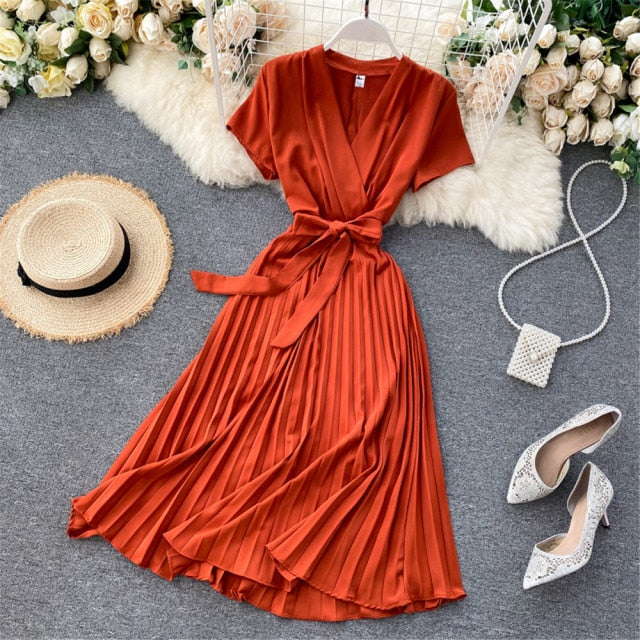 LANFUBEISI Autumn Fashion New Female Solid Pleated Dress Women V neck Short Sleeves Sashes Long Dresses Summer Streetwear Vintage