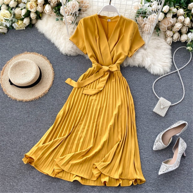 LANFUBEISI Autumn Fashion New Female Solid Pleated Dress Women V neck Short Sleeves Sashes Long Dresses Summer Streetwear Vintage